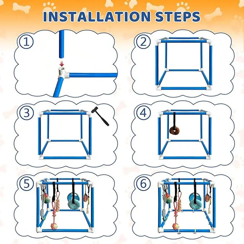 Indoor Puppy Play Gym with PVC Frame, Stretchy Velcro Rope, Snuffle Mat & 8 Hanging Toys – Interactive Boredom Enrichment Activity Toy for Small Dogs Resistance Bite