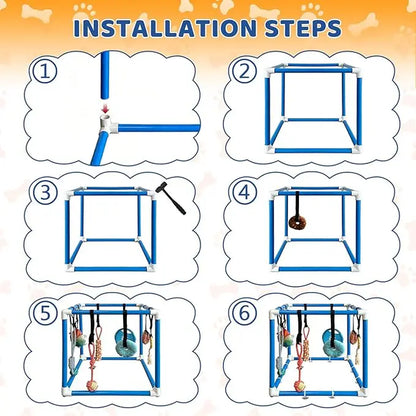 Indoor Puppy Play Gym with PVC Frame, Stretchy Velcro Rope, Snuffle Mat & 8 Hanging Toys – Interactive Boredom Enrichment Activity Toy for Small Dogs Resistance Bite