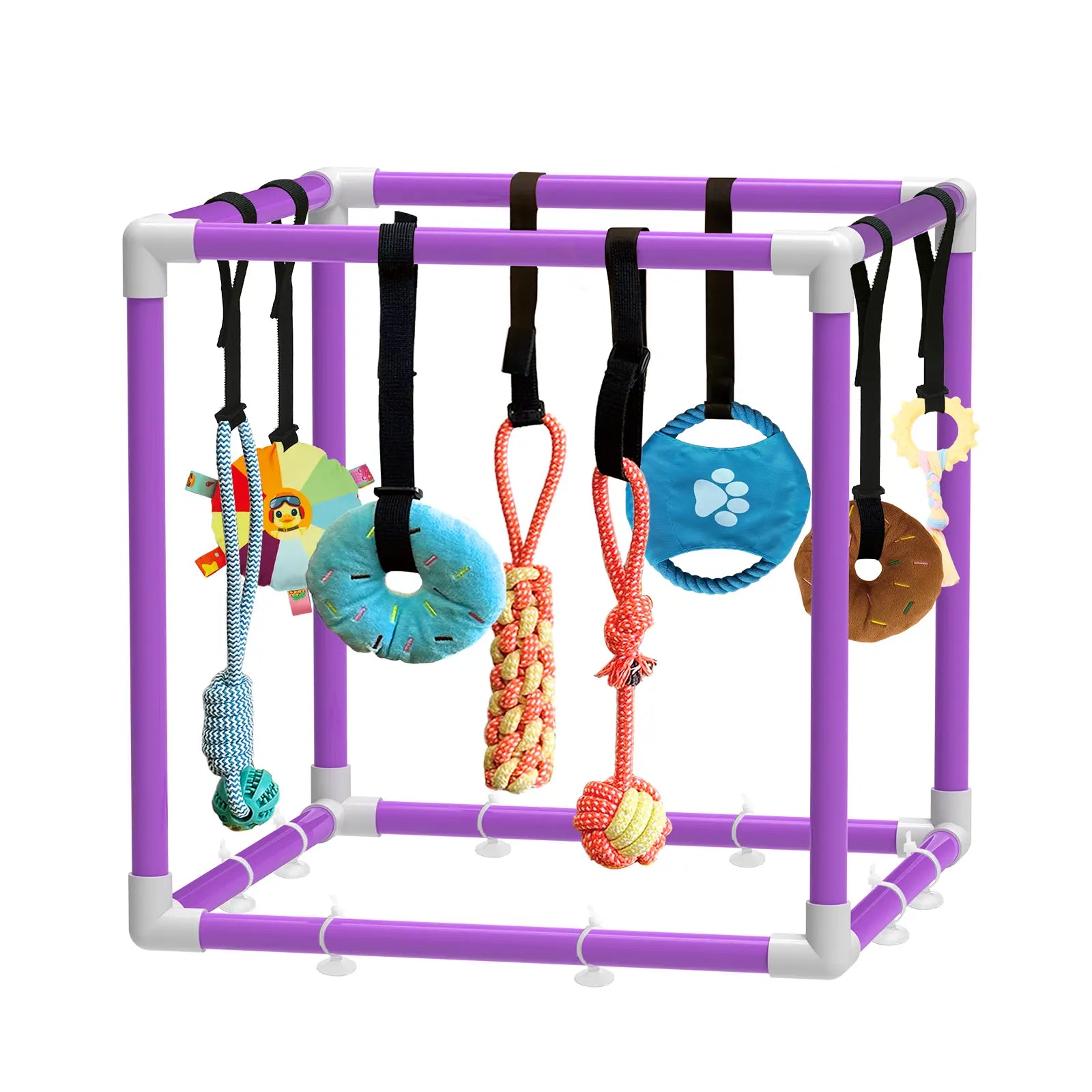 Indoor Puppy Play Gym with PVC Frame, Stretchy Velcro Rope, Snuffle Mat & 8 Hanging Toys – Interactive Boredom Enrichment Activity Toy for Small Dogs Resistance Bite