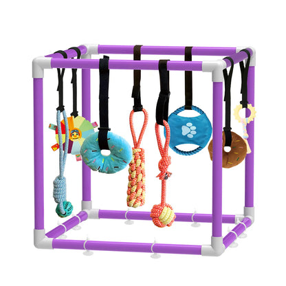 Indoor Puppy Play Gym with PVC Frame, Stretchy Velcro Rope, Snuffle Mat & 8 Hanging Toys – Interactive Boredom Enrichment Activity Toy for Small Dogs Resistance Bite