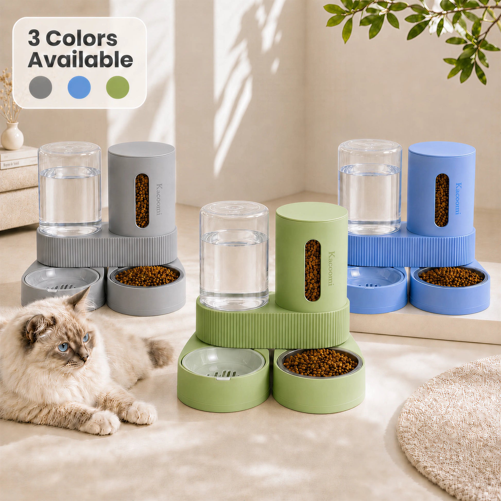 Kacoomi 2-Pack Gravity Food Feeders and Water Dispenser Set for Cats, Large-Capacity with Stainless Steel Bowl for Small Dogs