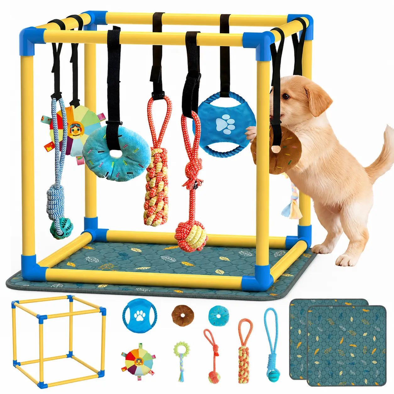Indoor Puppy Play Gym with PVC Frame, Stretchy Velcro Rope, Snuffle Mat & 8 Hanging Toys – Interactive Boredom Enrichment Activity Toy for Small Dogs Resistance Bite