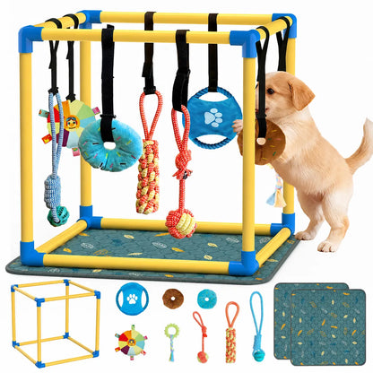 Indoor Puppy Play Gym with PVC Frame, Stretchy Velcro Rope, Snuffle Mat & 8 Hanging Toys – Interactive Boredom Enrichment Activity Toy for Small Dogs Resistance Bite