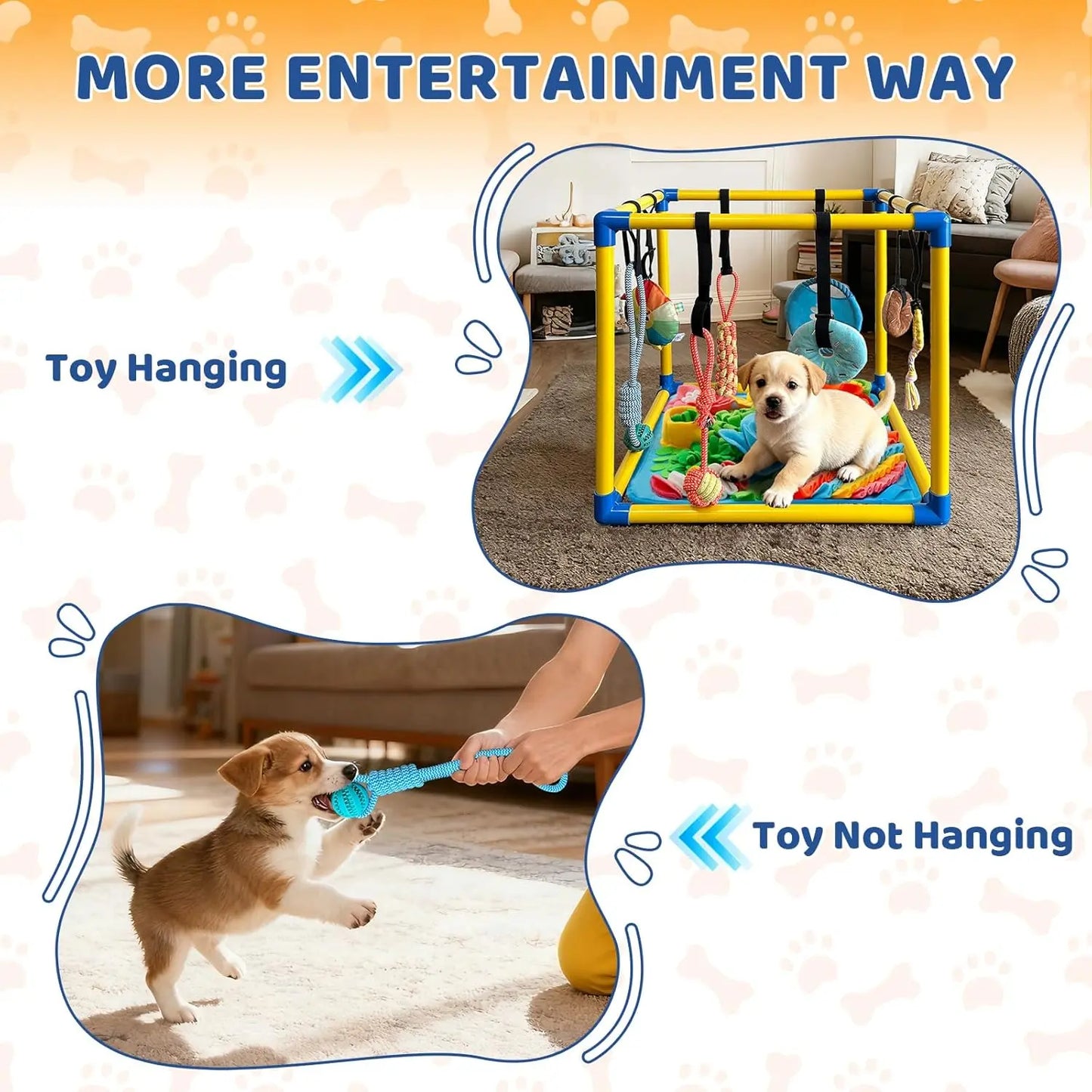 Indoor Puppy Play Gym with PVC Frame, Stretchy Velcro Rope, Snuffle Mat & 8 Hanging Toys – Interactive Boredom Enrichment Activity Toy for Small Dogs Resistance Bite