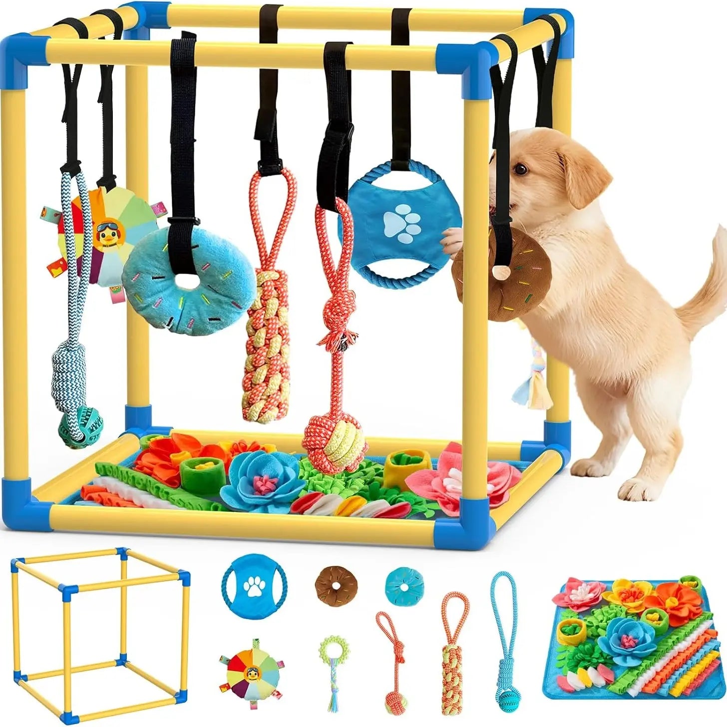 Indoor Puppy Play Gym with PVC Frame, Stretchy Velcro Rope, Snuffle Mat & 8 Hanging Toys – Interactive Boredom Enrichment Activity Toy for Small Dogs Resistance Bite