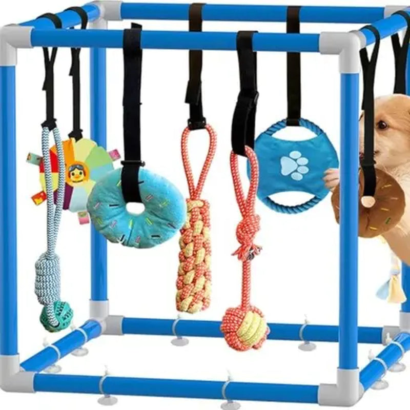 Indoor Puppy Play Gym with PVC Frame, Stretchy Velcro Rope, Snuffle Mat & 8 Hanging Toys – Interactive Boredom Enrichment Activity Toy for Small Dogs Resistance Bite