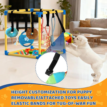 Indoor Puppy Play Gym with PVC Frame, Stretchy Velcro Rope, Snuffle Mat & 8 Hanging Toys – Interactive Boredom Enrichment Activity Toy for Small Dogs Resistance Bite