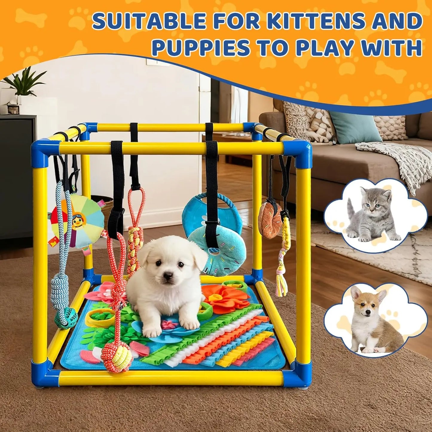 Indoor Puppy Play Gym with PVC Frame, Stretchy Velcro Rope, Snuffle Mat & 8 Hanging Toys – Interactive Boredom Enrichment Activity Toy for Small Dogs Resistance Bite