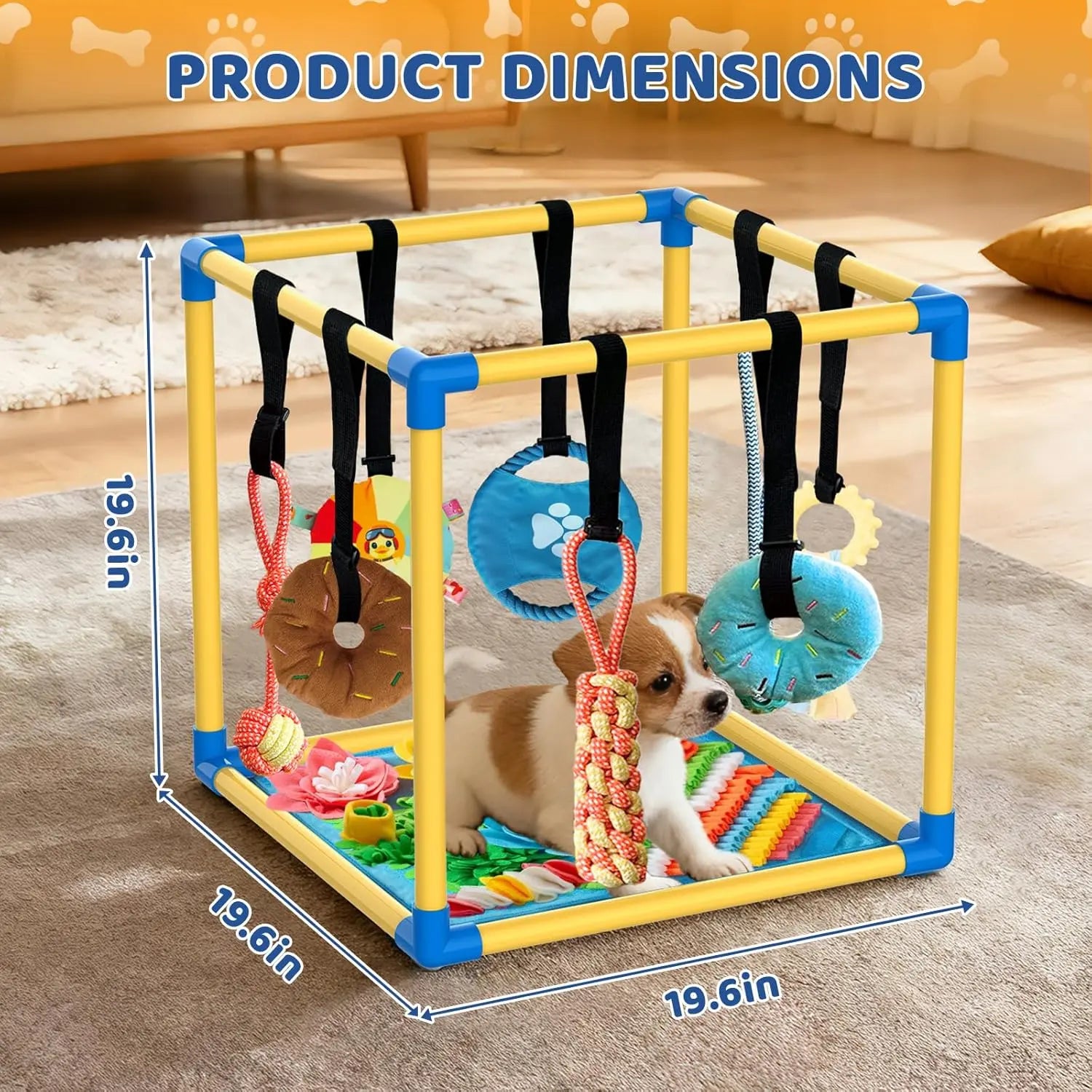 Indoor Puppy Play Gym with PVC Frame, Stretchy Velcro Rope, Snuffle Mat & 8 Hanging Toys – Interactive Boredom Enrichment Activity Toy for Small Dogs Resistance Bite