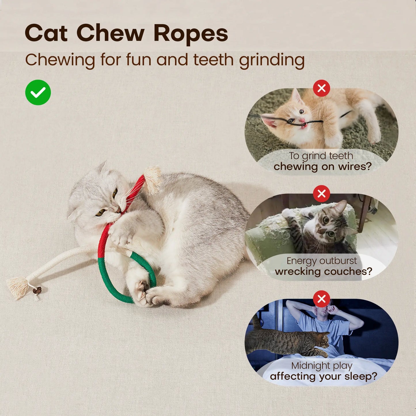 Potaroma 3-Piece Cat Chew Rope Toys - Safe Dental Care, Calming Interactive Pet Toys for Indoor Kittens, Kitty