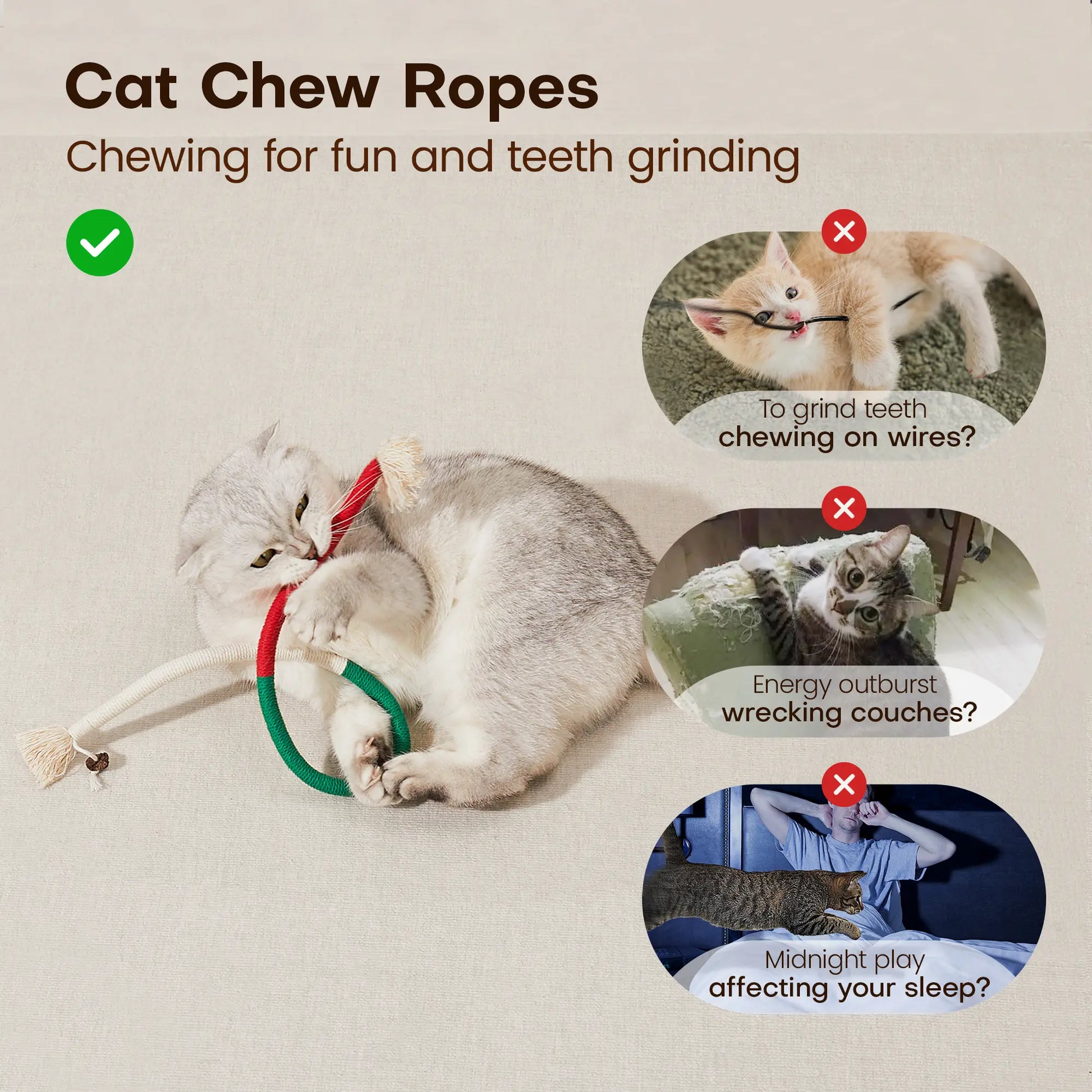 Potaroma 3-Piece Cat Chew Rope Toys - Safe Dental Care, Calming Interactive Pet Toys for Indoor Kittens, Kitty