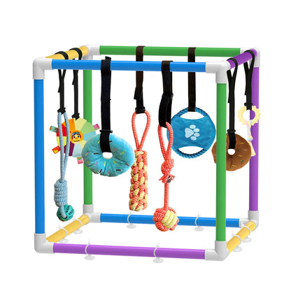 Indoor Puppy Play Gym with PVC Frame, Stretchy Velcro Rope, Snuffle Mat & 8 Hanging Toys – Interactive Boredom Enrichment Activity Toy for Small Dogs Resistance Bite
