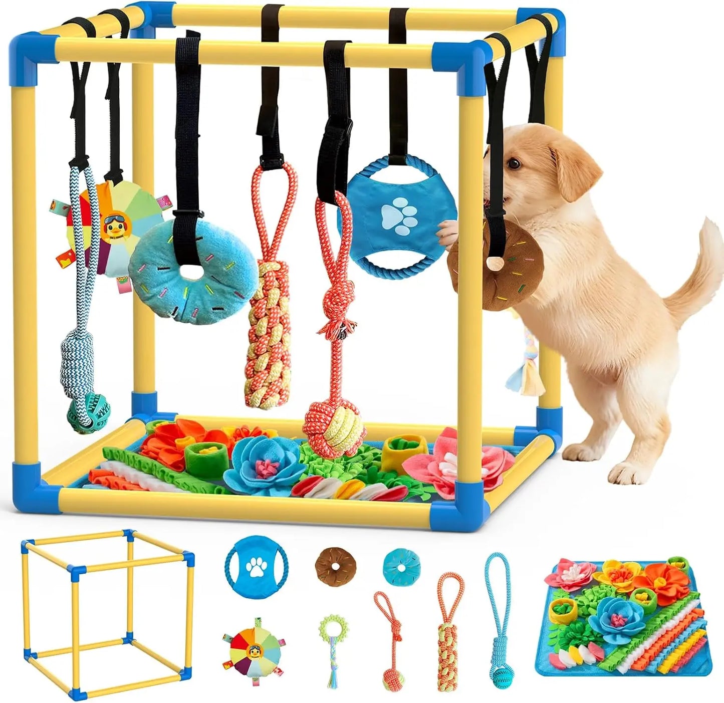 Indoor Puppy Play Gym with PVC Frame, Stretchy Velcro Rope, Snuffle Mat & 8 Hanging Toys – Interactive Boredom Enrichment Activity Toy for Small Dogs Resistance Bite