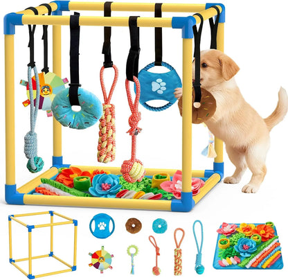 Indoor Puppy Play Gym with PVC Frame, Stretchy Velcro Rope, Snuffle Mat & 8 Hanging Toys – Interactive Boredom Enrichment Activity Toy for Small Dogs Resistance Bite