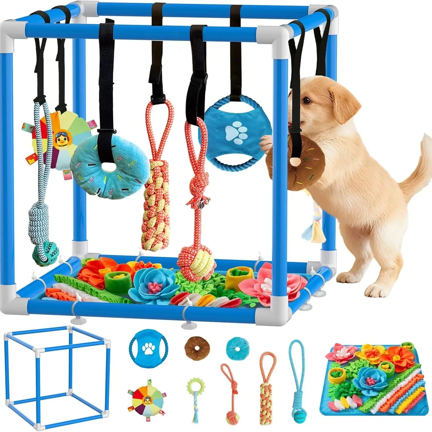 Indoor Puppy Play Gym with PVC Frame, Stretchy Velcro Rope, Snuffle Mat & 8 Hanging Toys – Interactive Boredom Enrichment Activity Toy for Small Dogs Resistance Bite