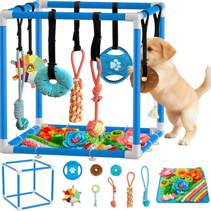 Indoor Puppy Play Gym with PVC Frame, Stretchy Velcro Rope, Snuffle Mat & 8 Hanging Toys – Interactive Boredom Enrichment Activity Toy for Small Dogs Resistance Bite