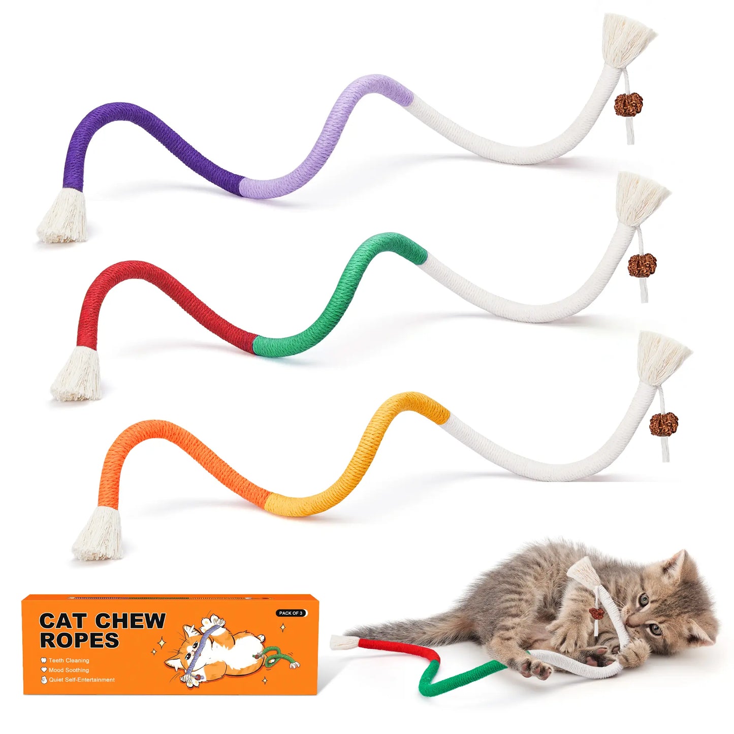 Potaroma 3-Piece Cat Chew Rope Toys - Safe Dental Care, Calming Interactive Pet Toys for Indoor Kittens, Kitty