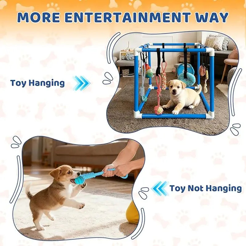 Indoor Puppy Play Gym with PVC Frame, Stretchy Velcro Rope, Snuffle Mat & 8 Hanging Toys – Interactive Boredom Enrichment Activity Toy for Small Dogs Resistance Bite