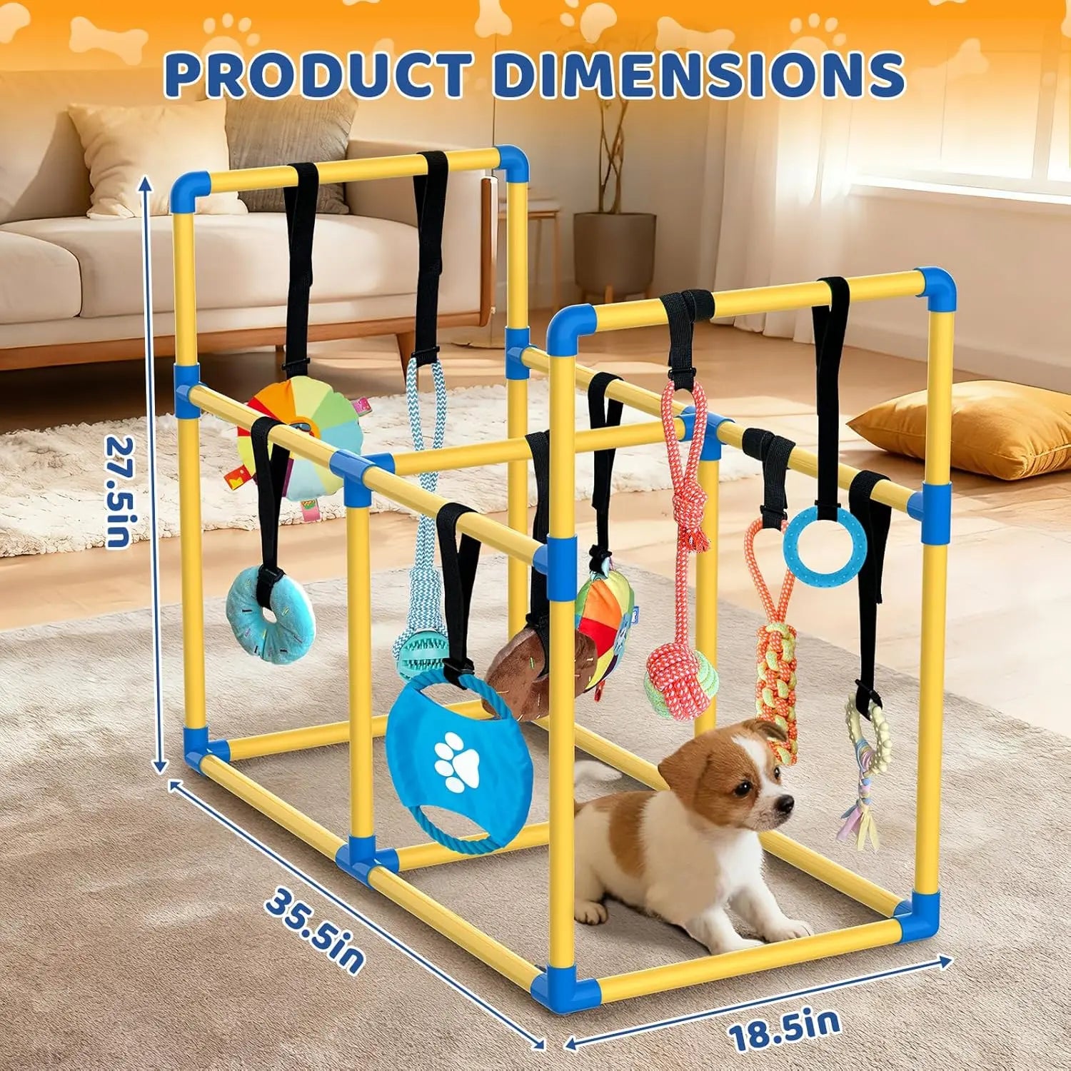 Indoor Puppy Play Gym with PVC Frame, Stretchy Velcro Rope, Snuffle Mat & 8 Hanging Toys – Interactive Boredom Enrichment Activity Toy for Small Dogs Resistance Bite