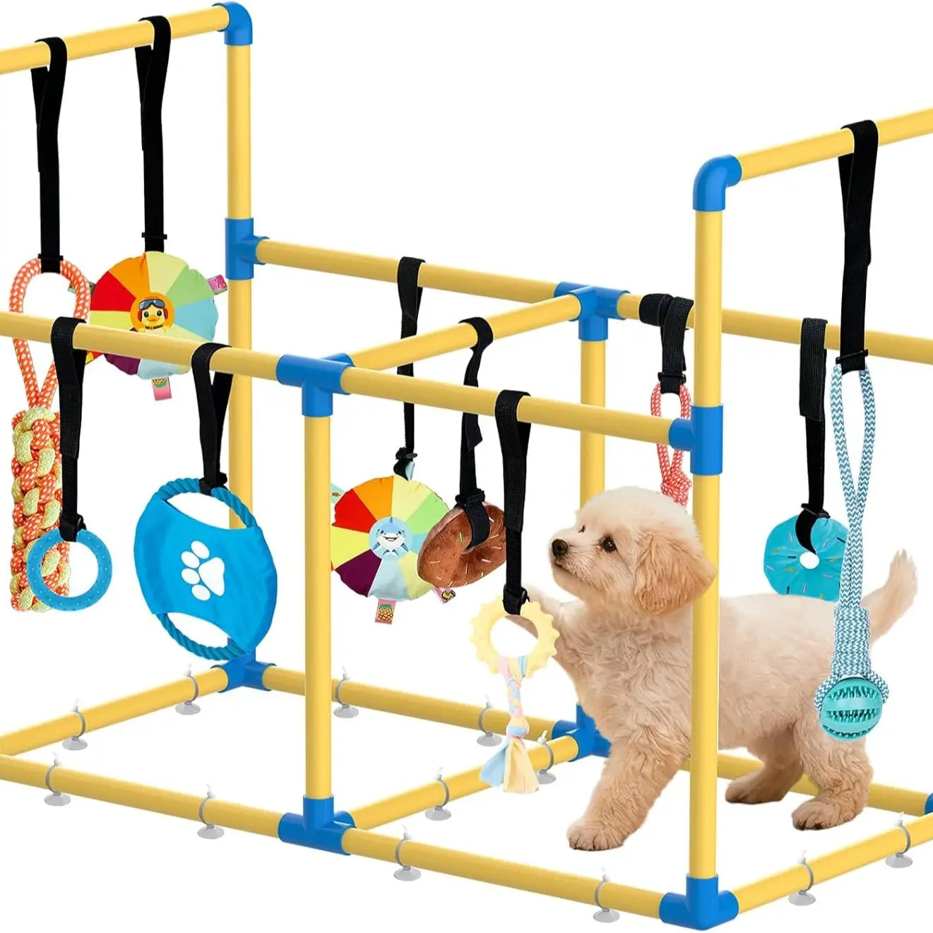 Indoor Puppy Play Gym with PVC Frame, Stretchy Velcro Rope, Snuffle Mat & 8 Hanging Toys – Interactive Boredom Enrichment Activity Toy for Small Dogs Resistance Bite