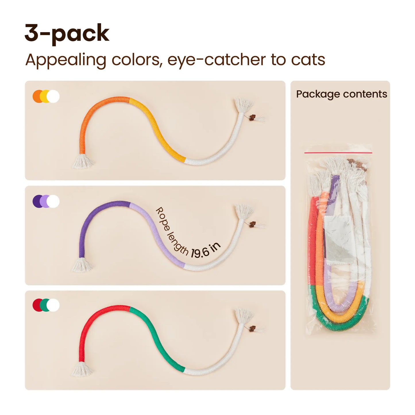 Potaroma 3-Piece Cat Chew Rope Toys - Safe Dental Care, Calming Interactive Pet Toys for Indoor Kittens, Kitty