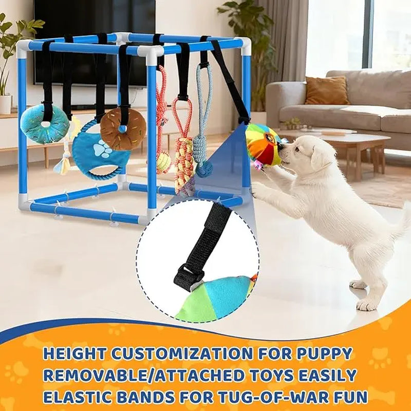 Indoor Puppy Play Gym with PVC Frame, Stretchy Velcro Rope, Snuffle Mat & 8 Hanging Toys – Interactive Boredom Enrichment Activity Toy for Small Dogs Resistance Bite