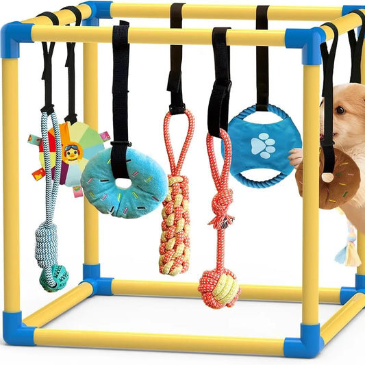Indoor Puppy Play Gym with PVC Frame, Stretchy Velcro Rope, Snuffle Mat & 8 Hanging Toys – Interactive Boredom Enrichment Activity Toy for Small Dogs Resistance Bite
