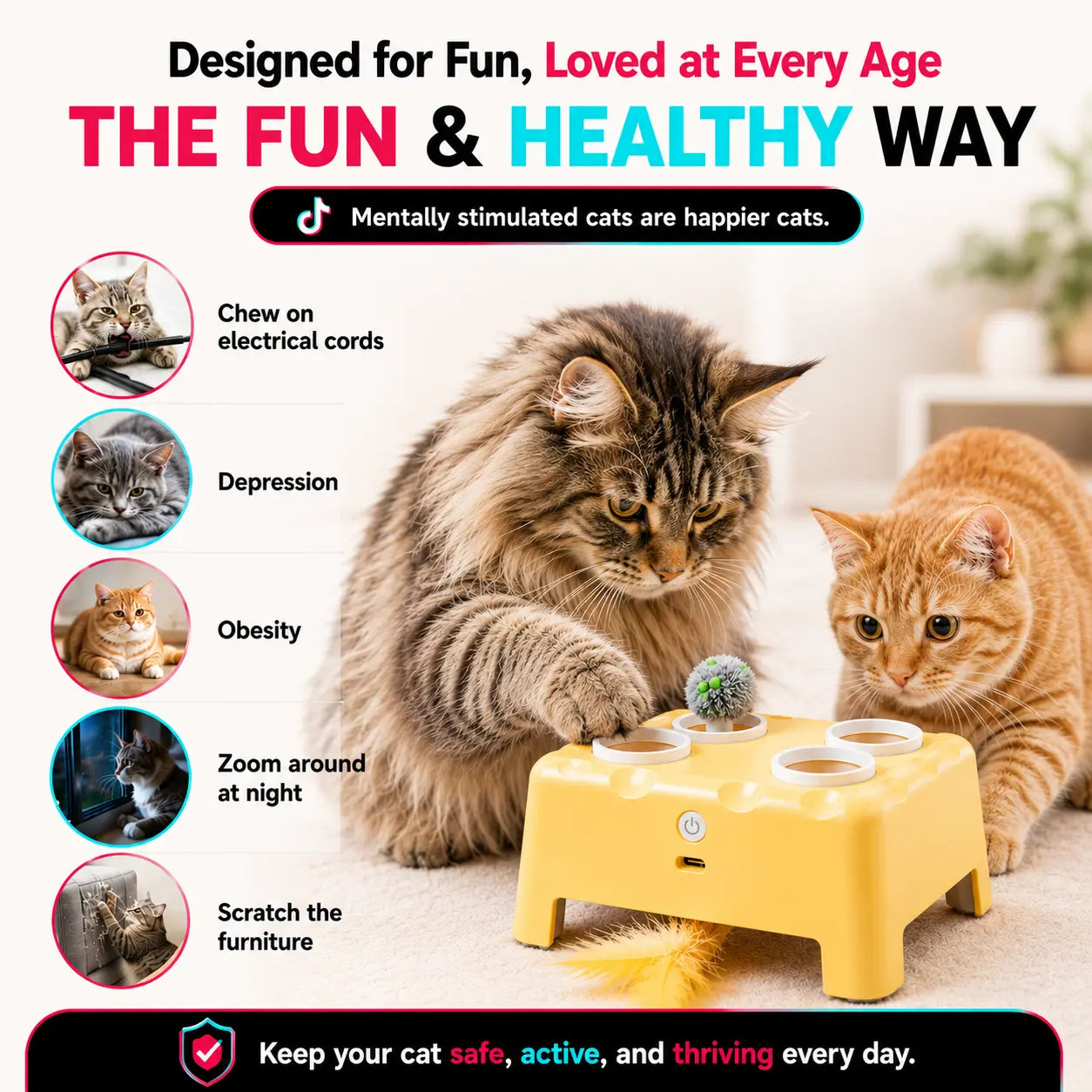 2-In-1 Interactive Cat Toy: Automatic Whack-A-Mole & Rotating Feather Teaser, 3 Play Modes, Non-Slip Weighted Base, Smart Auto Shut-Off, USB-C Rechargeable, Cat Enrichment for Bored & Picky Indoor Cats