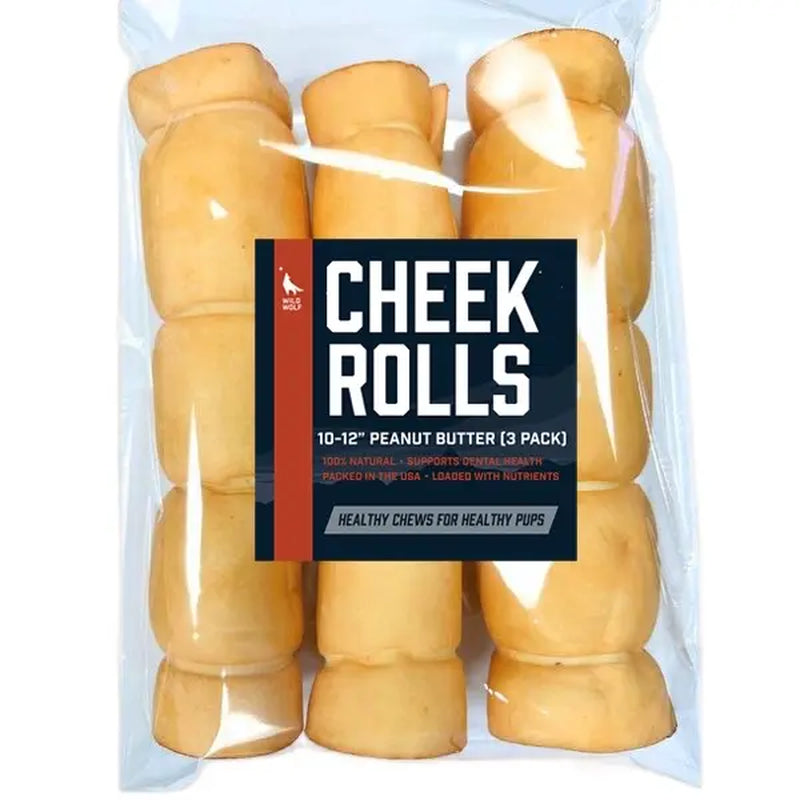 <GOLDEN TICKET!> 12” Peanut Butter Collagen Cheek Rolls (3 Pack) 100% Natural and Extra-Thick - Single-Ingredient - Long-Lasting for Big Dogs and Aggressive Chewers